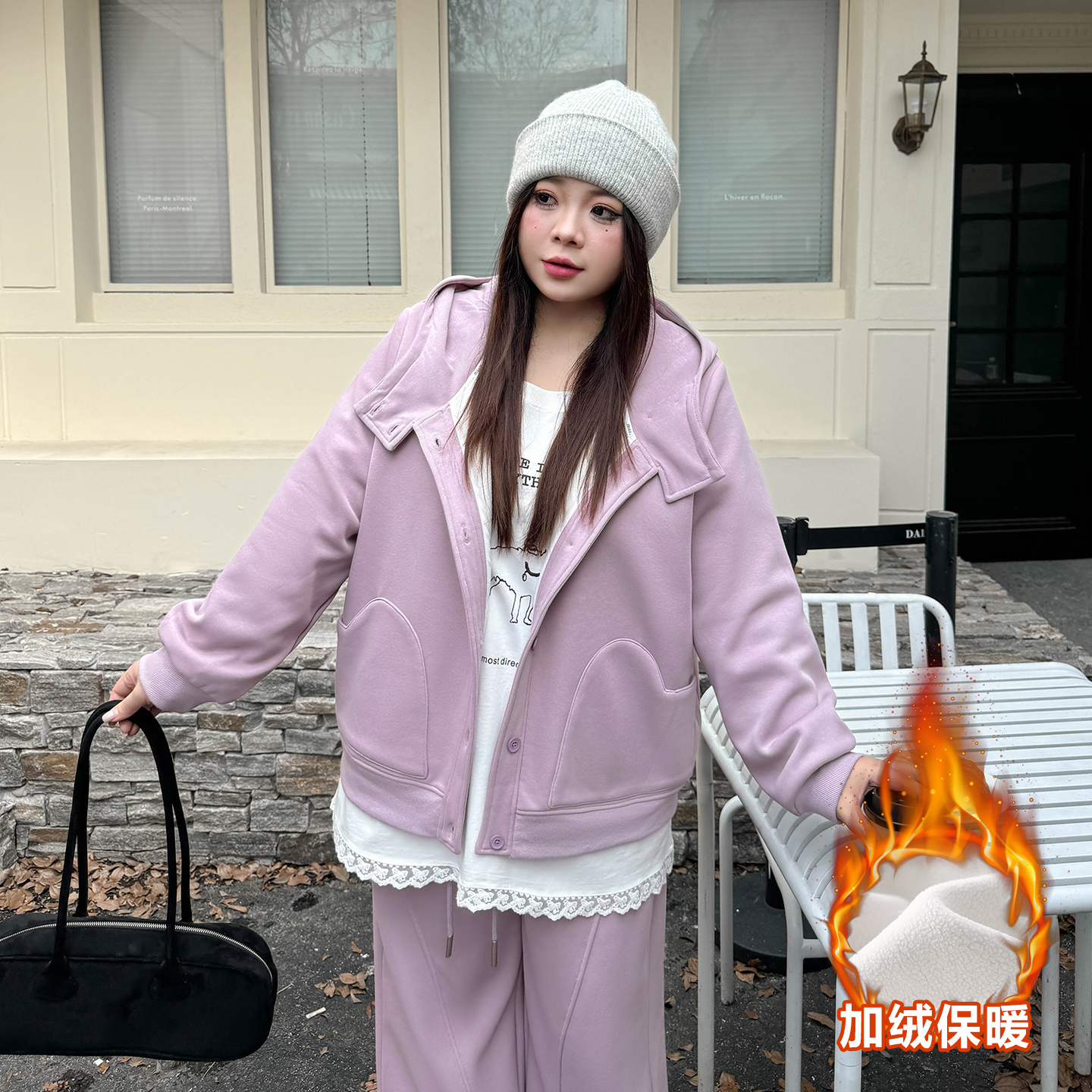 DD8528大码女装【今年流行运动套装】胖mm连帽加绒加厚卫衣外套卫裤