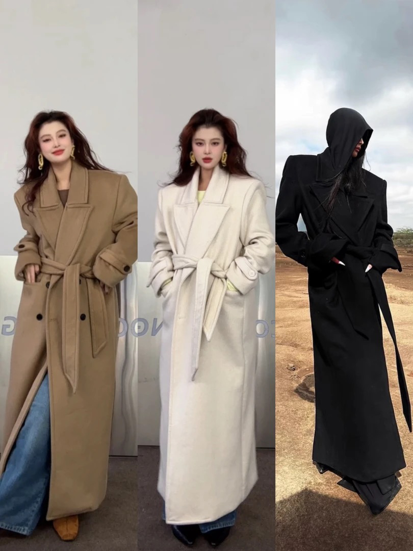 经典升级2 绵羊毛黑色大衣冬重工阔版垫肩及地毛呢双面外套女