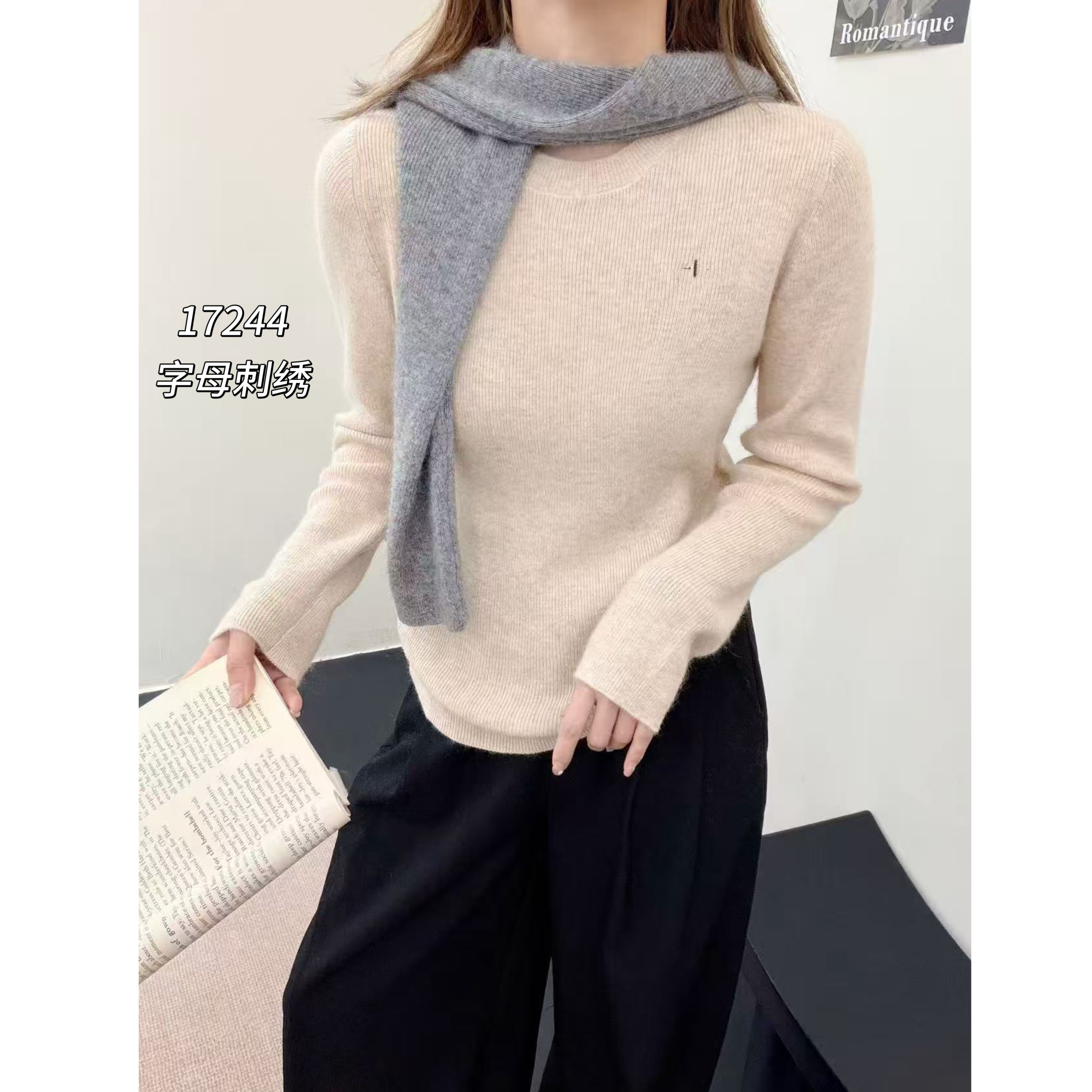 17244 WANGDAN（部分无水洗唛，介意慎拍)圆领字母刺绣长袖针织衫