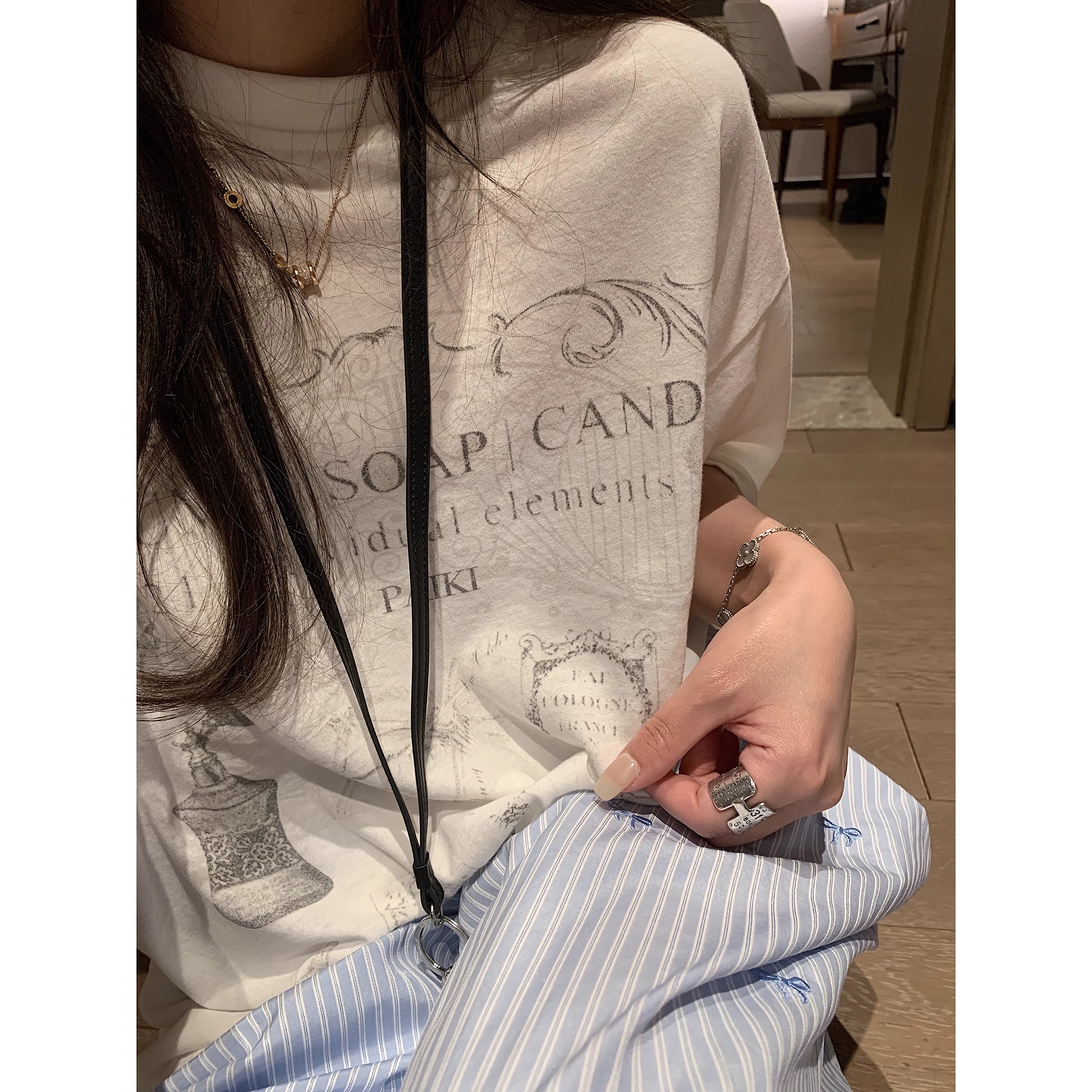 番茄妹妹Tomatosister复古印花短袖T恤女夏季宽松慵懒中长款上衣