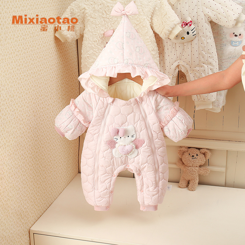 冬款粉色翅膀猫咪连体衣夹棉满月百日宴周岁哈衣宝宝婴儿衣服爬服