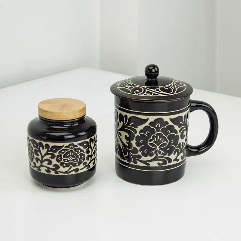 安氏冠盖云集黑白花茶杯茶罐套装