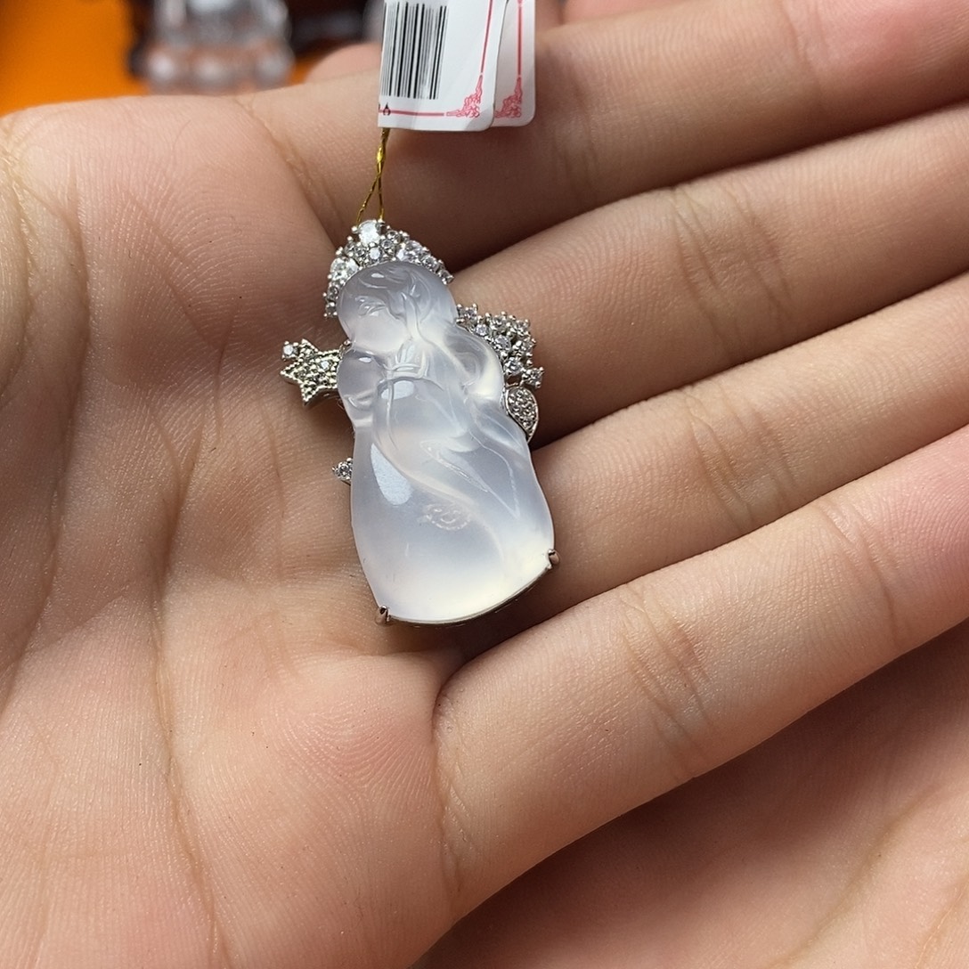 逆***新石英质玉银S925镶嵌吊坠(赠链)