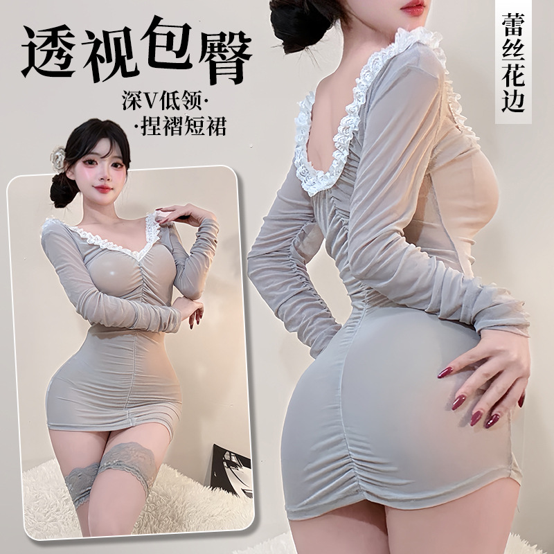 性感内衣深V蕾丝花边包臀裙睡裙套装禁欲系
