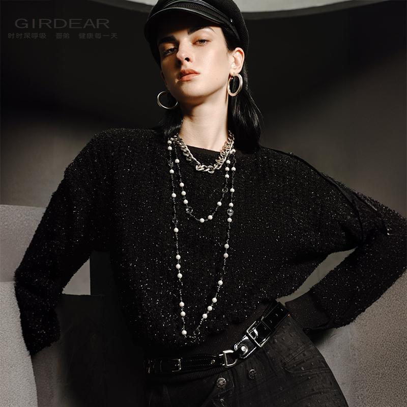 GIRDEAR/哥弟秋冬新款优雅百搭显瘦时尚金银丝亮片长袖卫衣130103