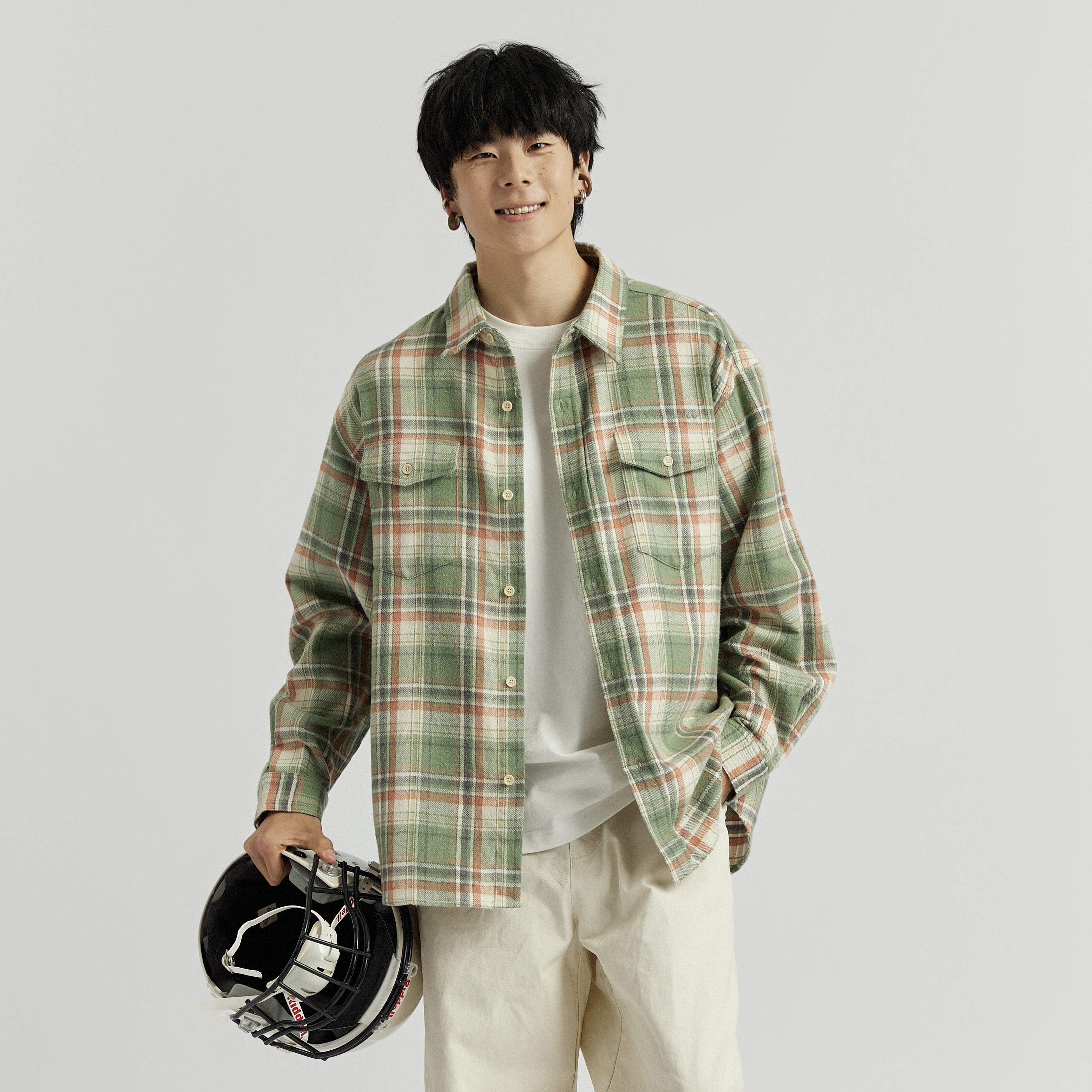 NORYBRAND 23FW绒感法兰绒复古格子衬衫 宽松日系上衣