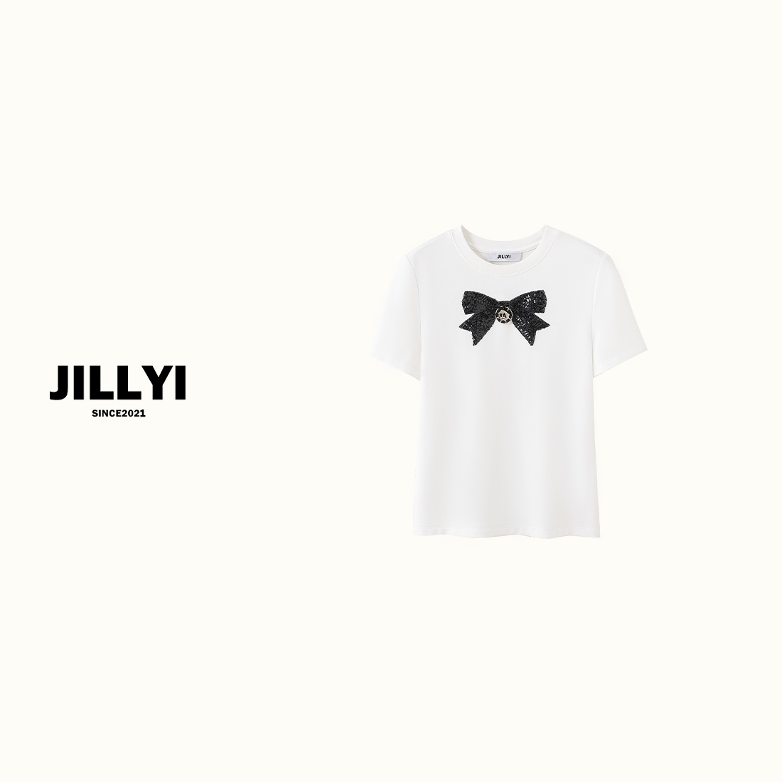 jillyi【白色浪漫】蝴蝶结亮片纯色T恤气质时尚休闲百搭夏季重工