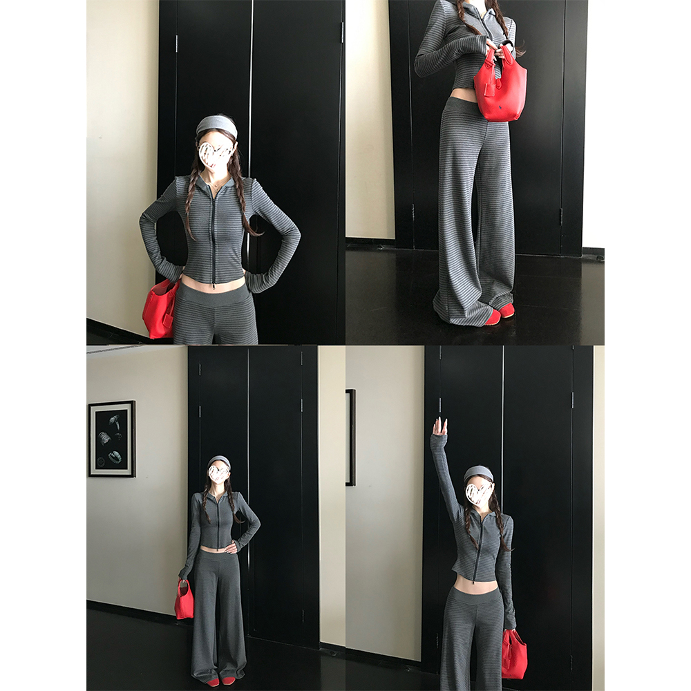 【超绝腰臀比】慵懒周末软糯条纹控入秋正肩连帽卫衣套装22095#