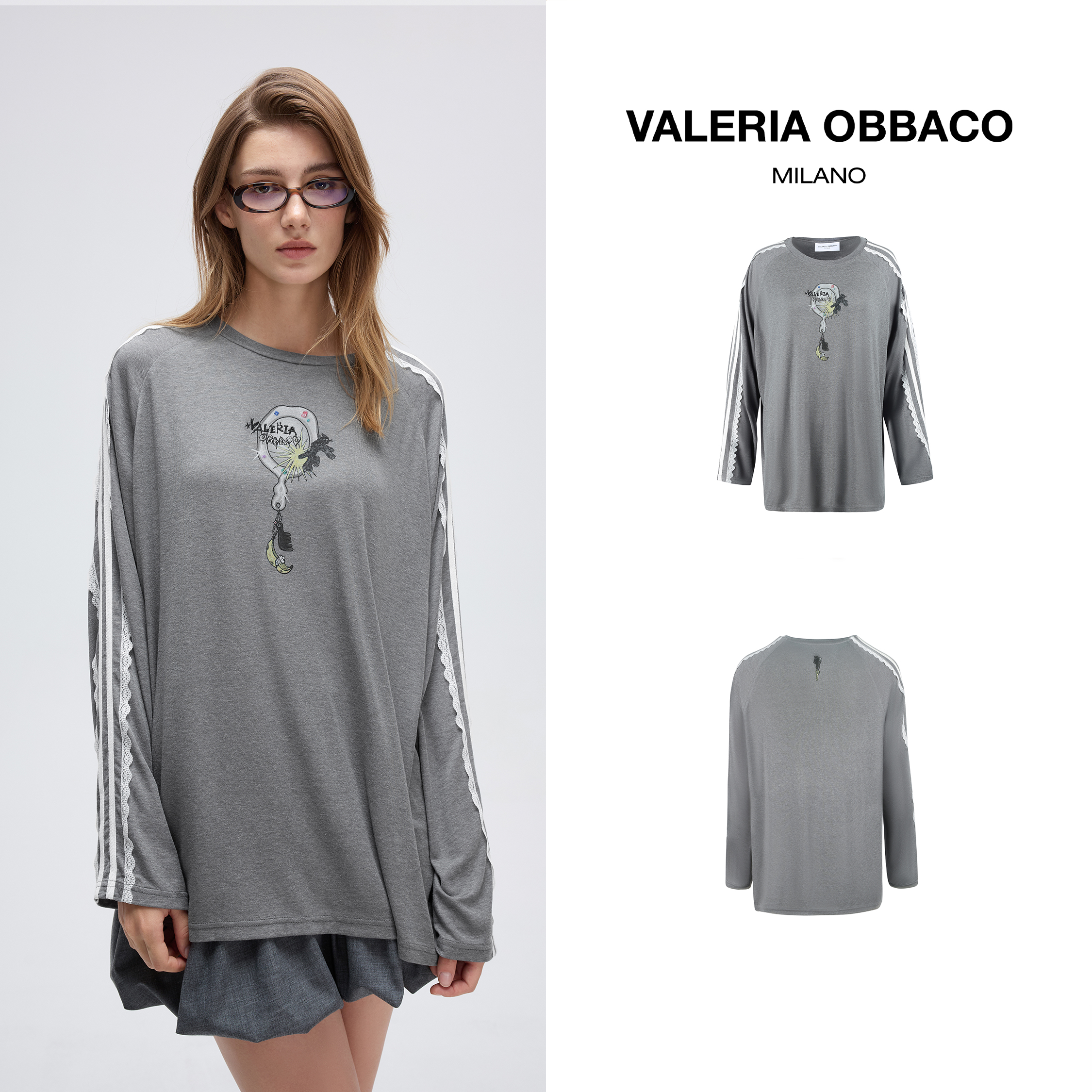 VALERIAOBBACO/瓦莱丽娅 奥贝科灰色涂鸦长袖T恤潮牌女士新款上衣