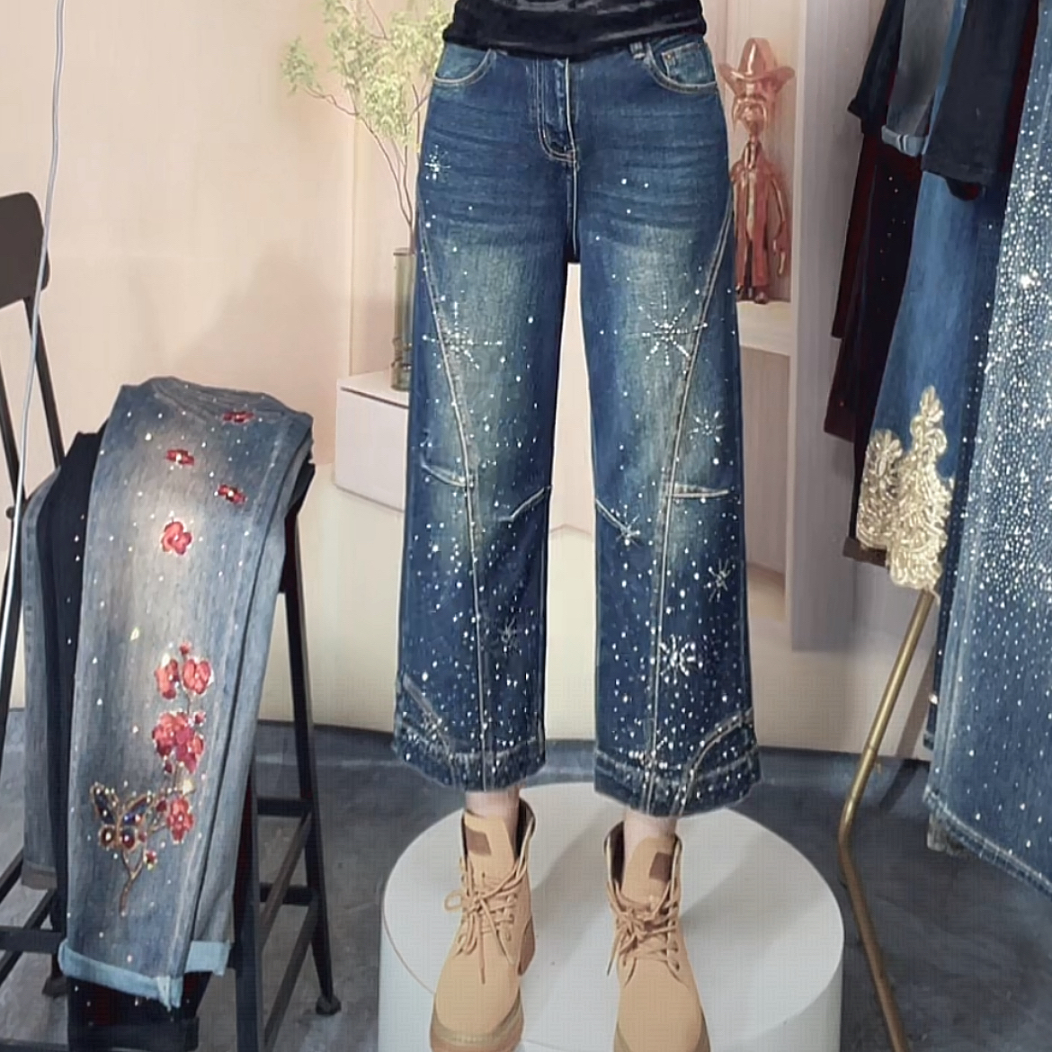设计感高腰牛仔裤女秋冬2025新款休闲细闪烫钻阔腿裤子时尚潮流