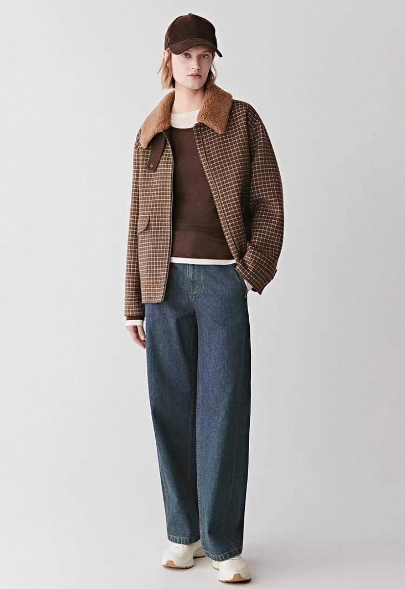 杰瑞【奢牌底气】新款千鸟格拼接毛领绵羊毛羊绒混纺双面呢外套