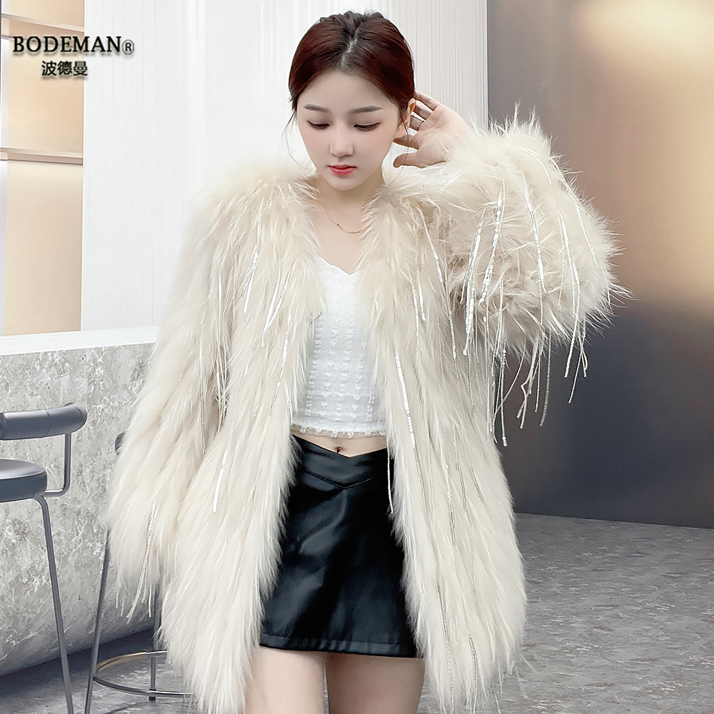 2025海宁中长流苏显瘦真毛皮草加棉加厚貉子毛车条工艺皮草外套女