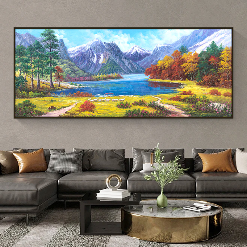 手绘油画《原藏之秋》风景油画羊群客厅背景墙挂画山水画雪山装饰画