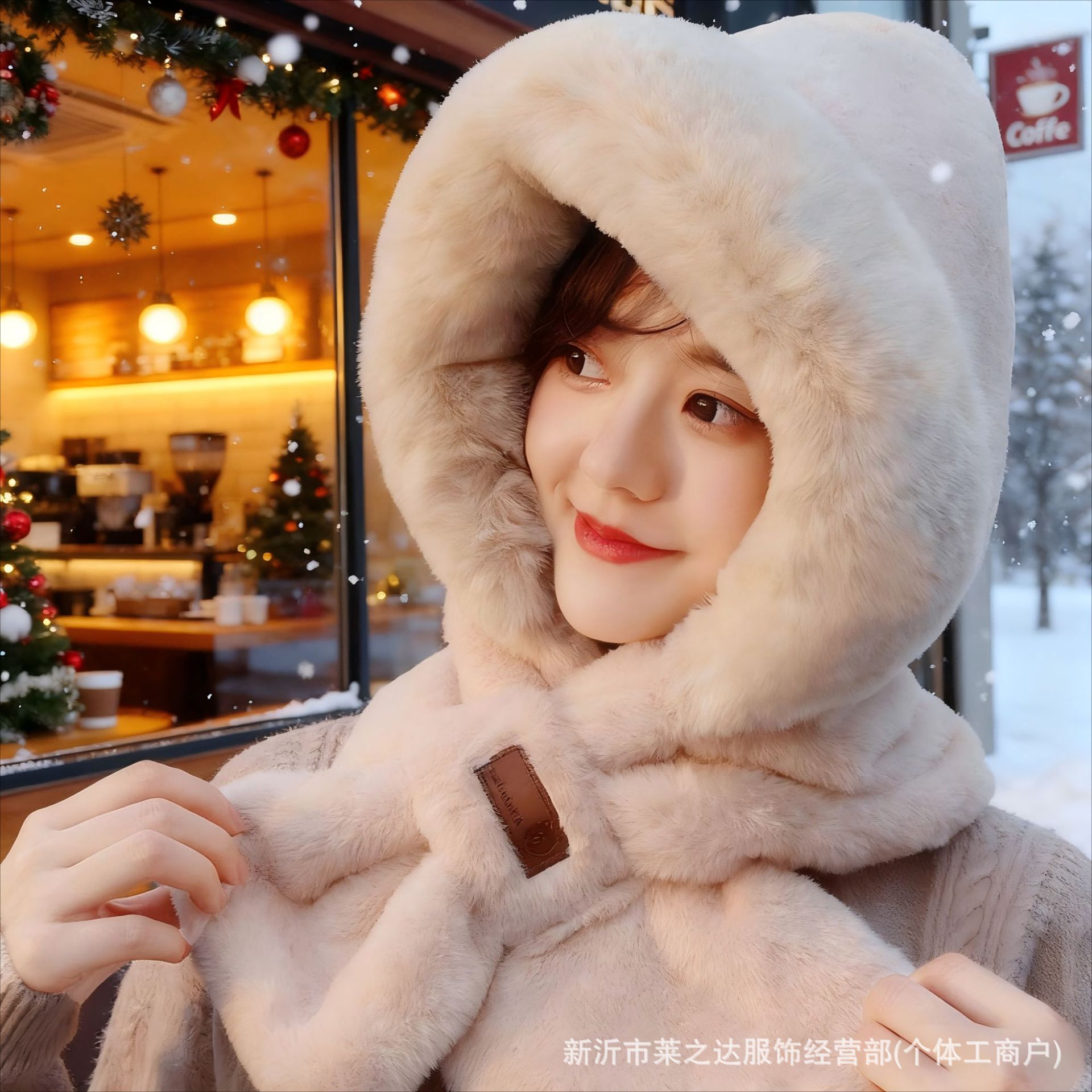 毛绒帽子女秋冬可爱围脖一体围巾冬季护耳显脸小保暖米白色成人帽