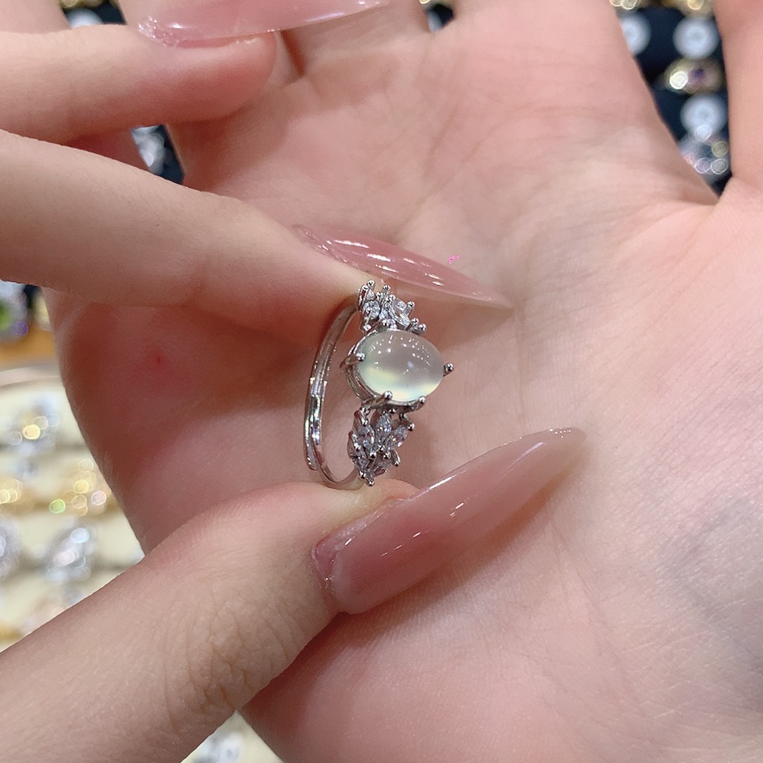 蛇纹石玉戒指银S925镶嵌卜*