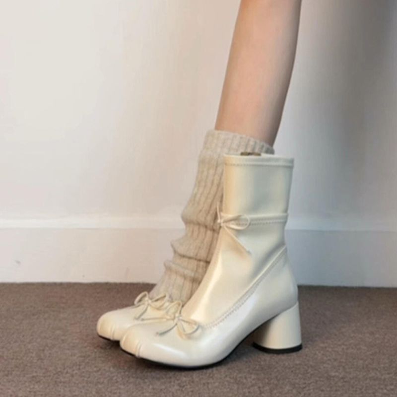 自留版~法式气质圆头蝴蝶结粗跟芭蕾风短靴通勤百搭瘦瘦靴马丁靴