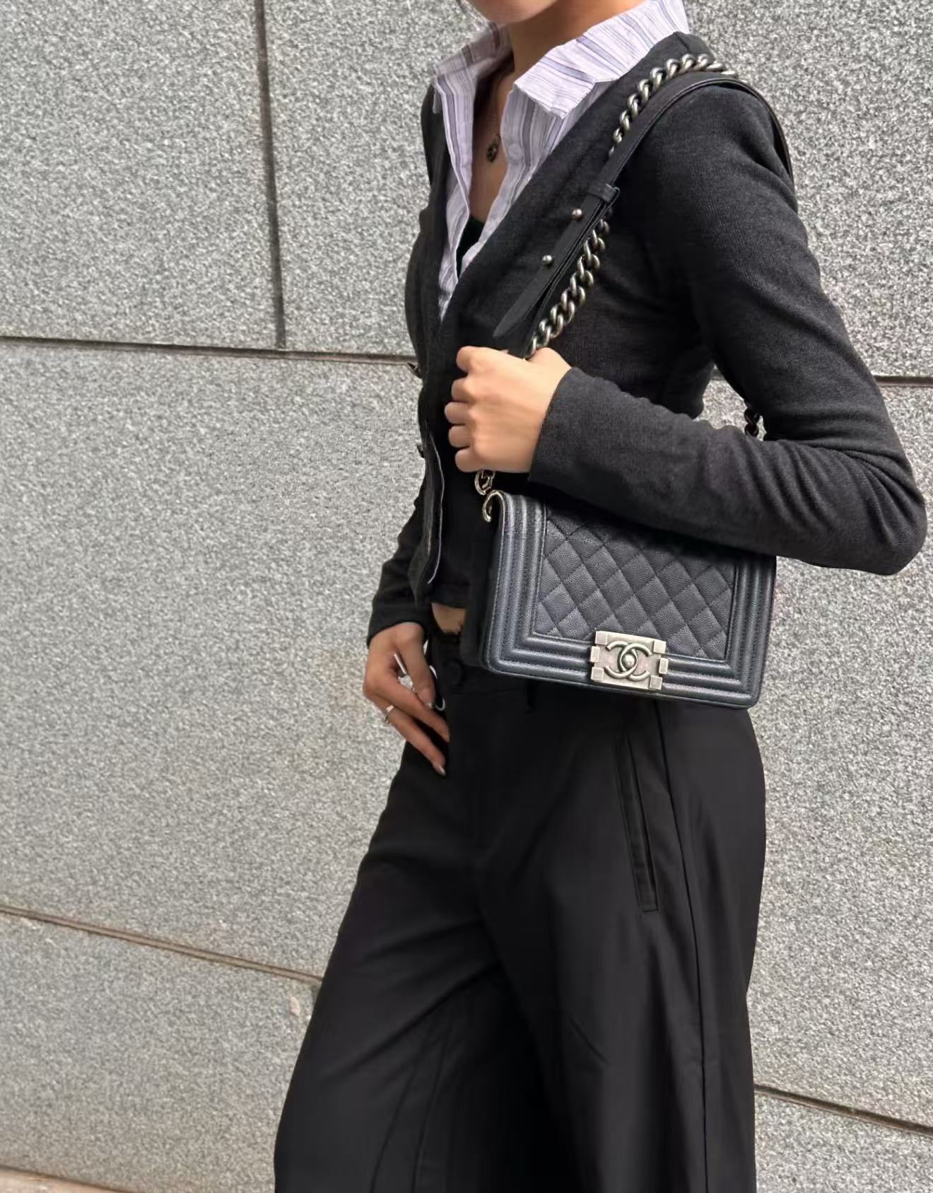 95新 Chanel/香奈儿 黑银菱格leboy中号链条包 底长23 18开