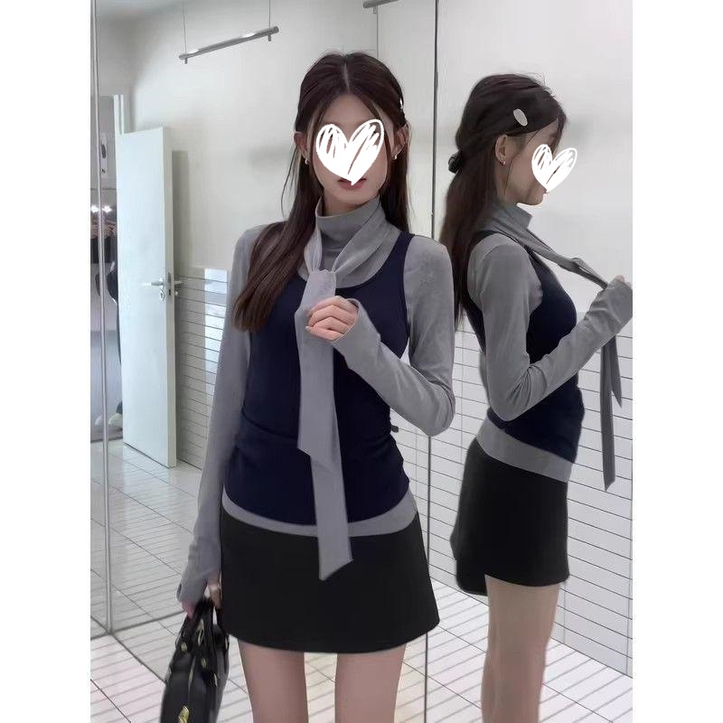 艺等2025年早秋新款韩系减龄穿搭两件套修身显瘦纯欲百搭女上衣潮