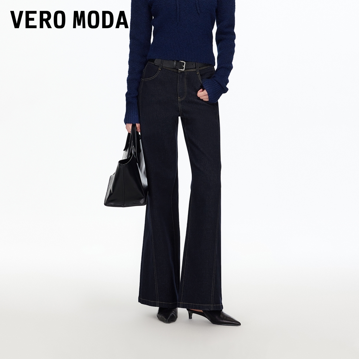 Vero Moda牛仔裤女2025冬季新款含棉高腰阔腿裤时尚百搭325432033