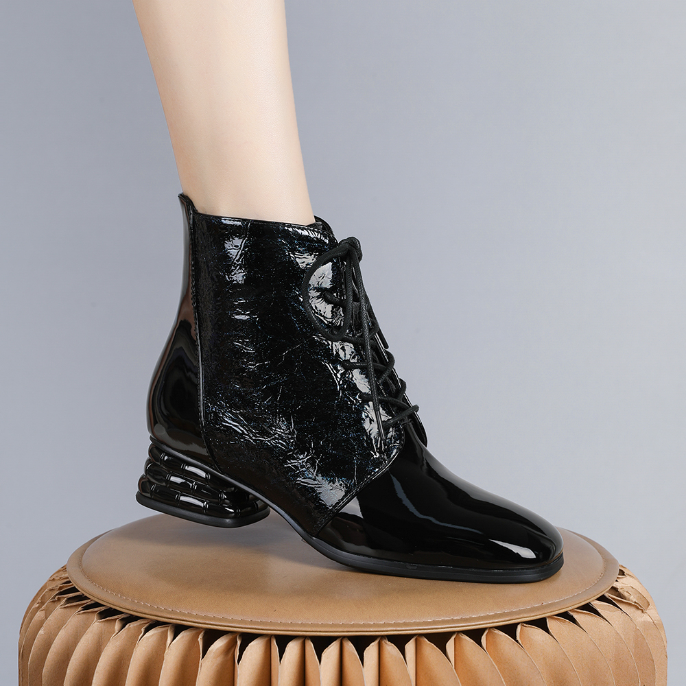 2025年新款欧美时尚系带圆头短靴粗跟不累脚加绒短靴5117