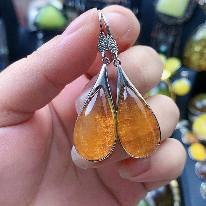 琥珀裸石银S925镶嵌耳坠