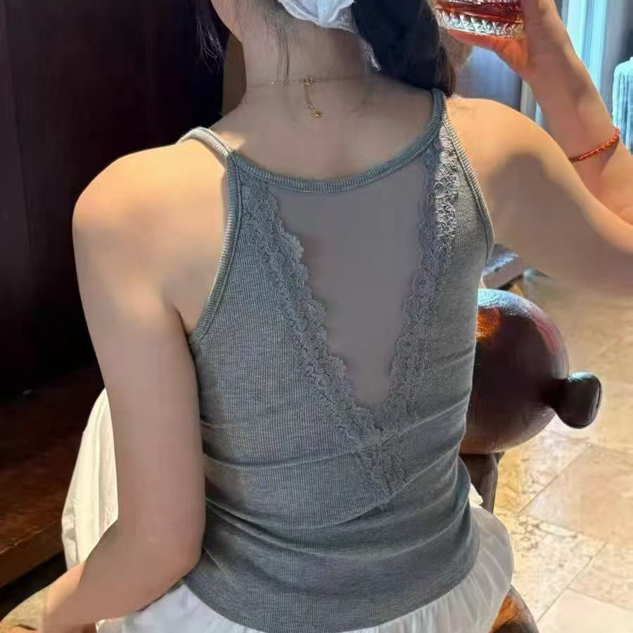 秋冬磨毛背后蕾丝网纱固定一体杯显瘦吊带背心