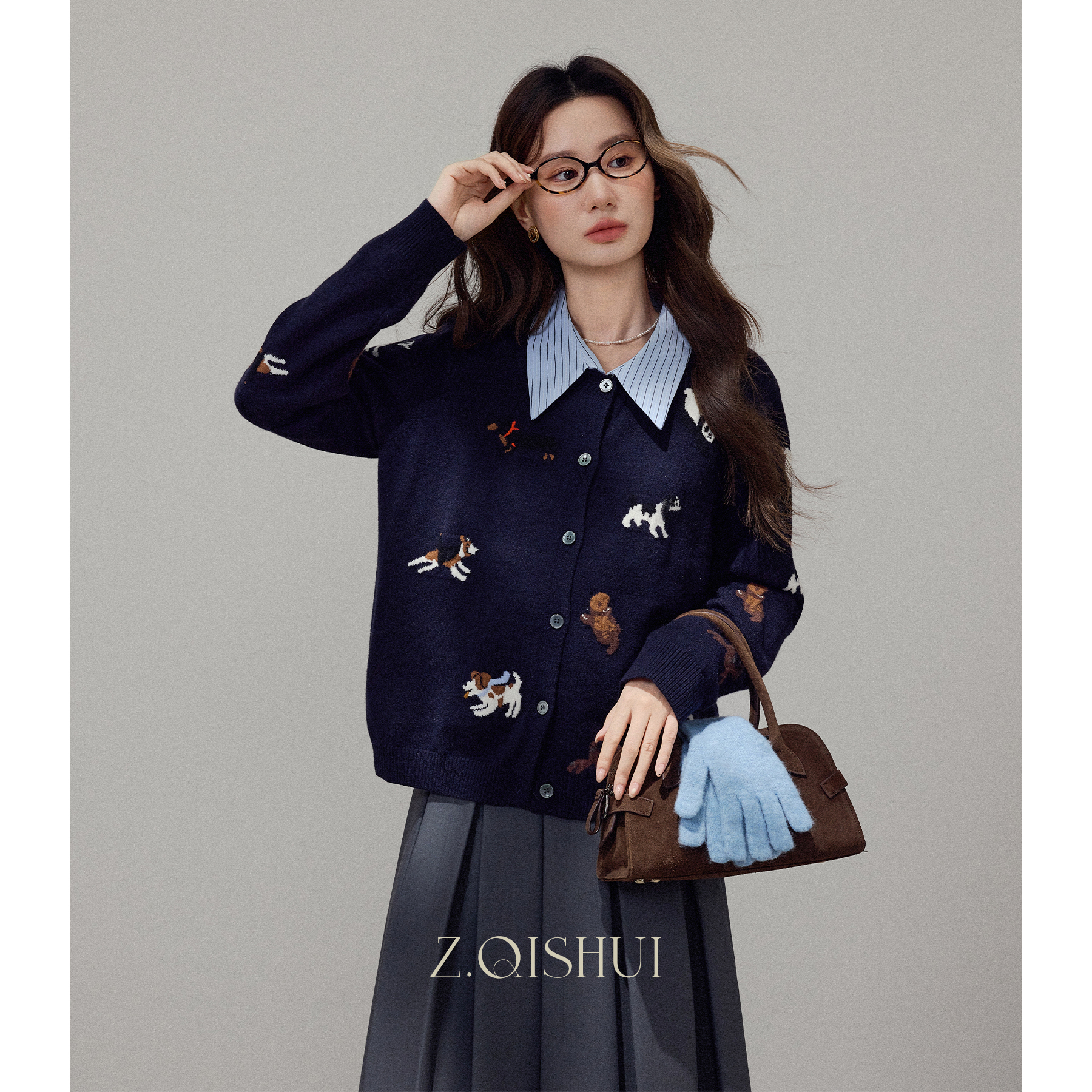 张汽水新款秋冬穿搭藏青色独特毛衣外套女打底内搭针织开衫Z18816