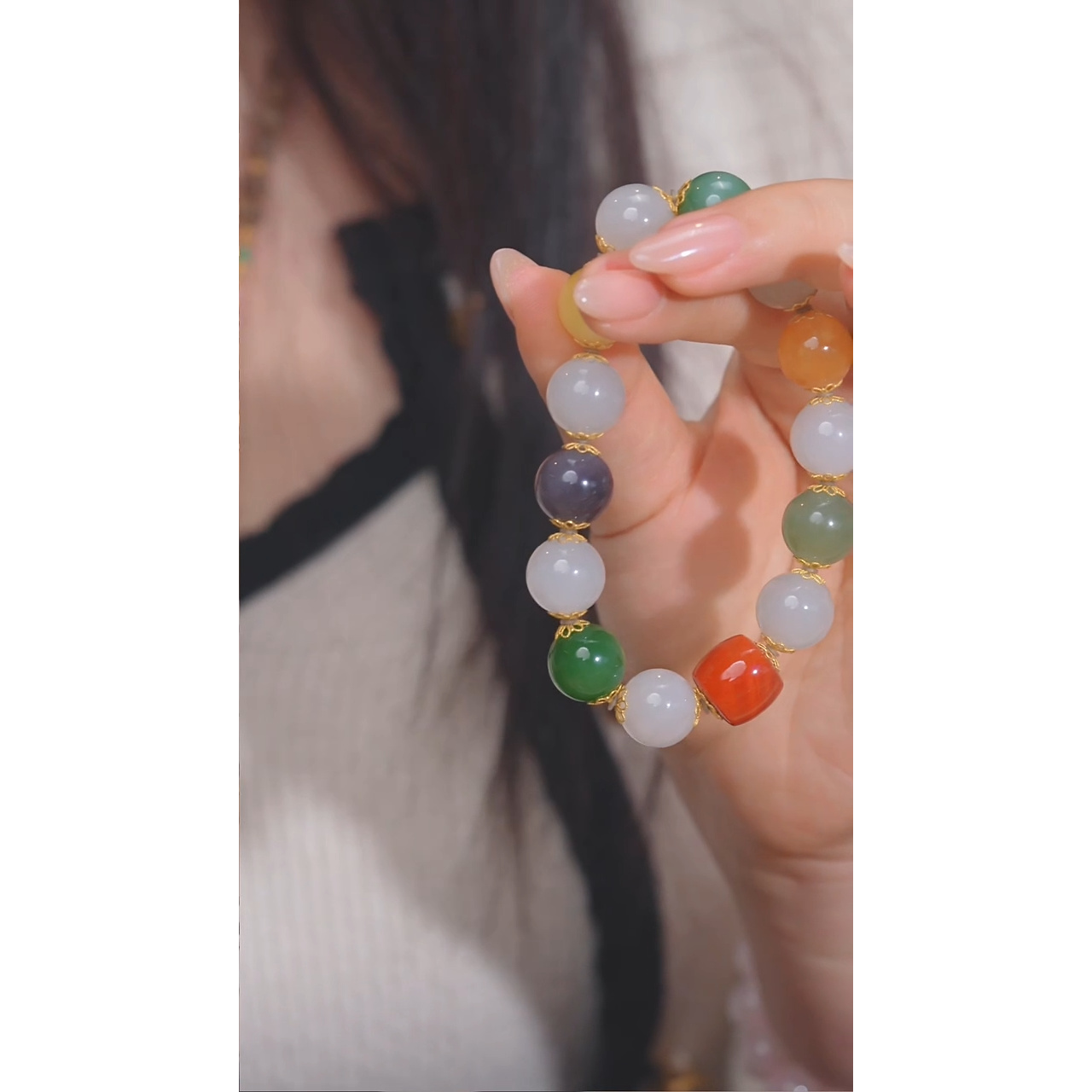 和田玉手串18K金镶嵌（二）多样性发@@N3883