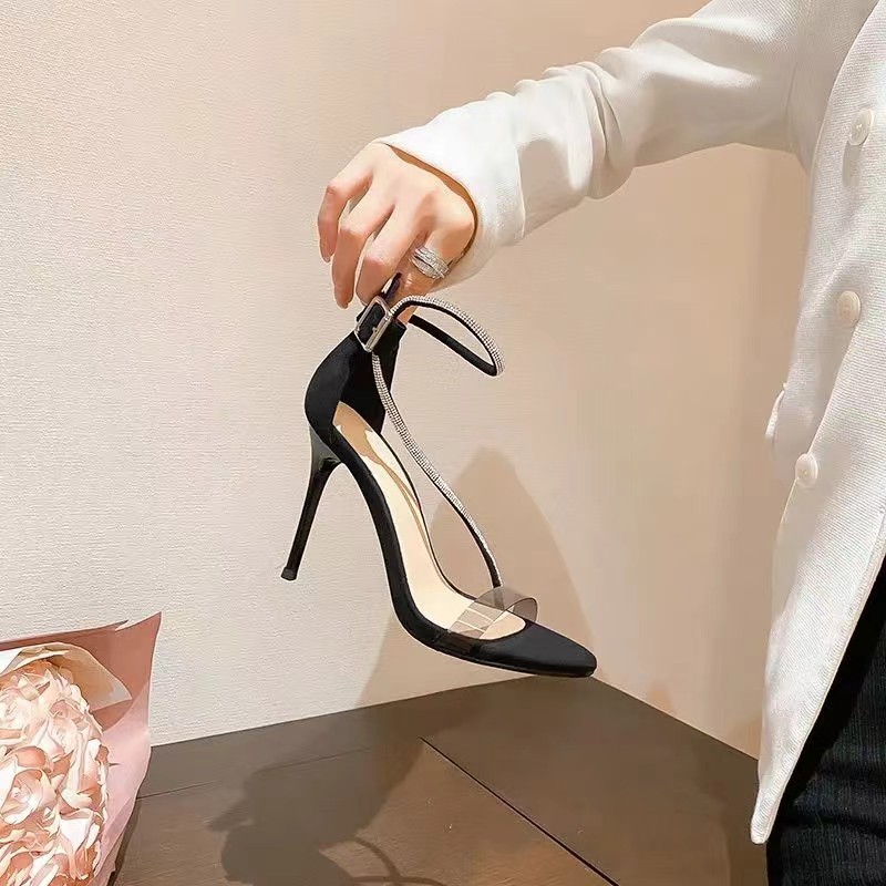 圆头搭扣高跟超高跟胶粘时装凉鞋性感百搭一字带夏季仙女风