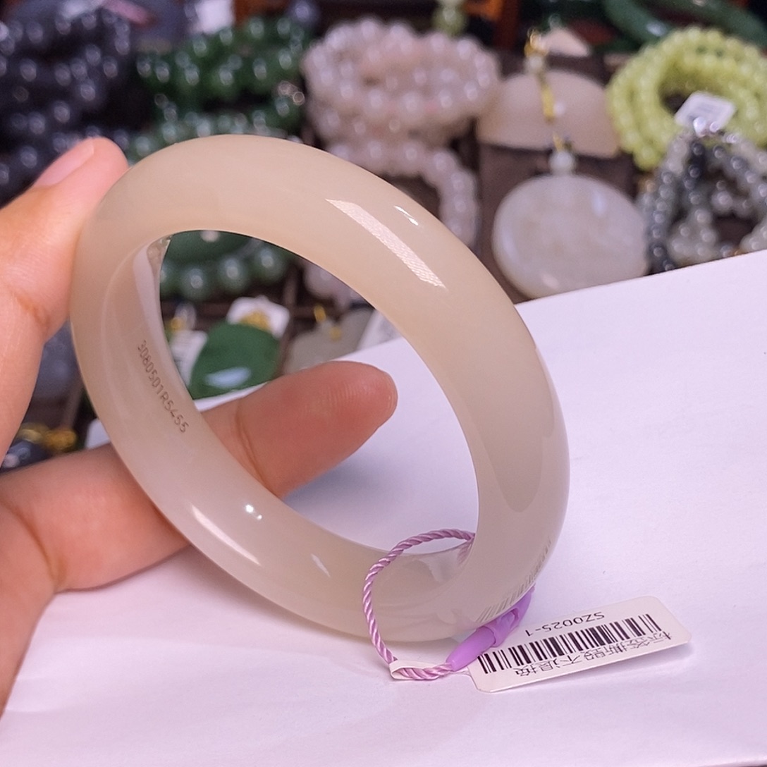 和田玉未镶嵌藕粉收藏毕业级老料手镯54.5圈喵***4