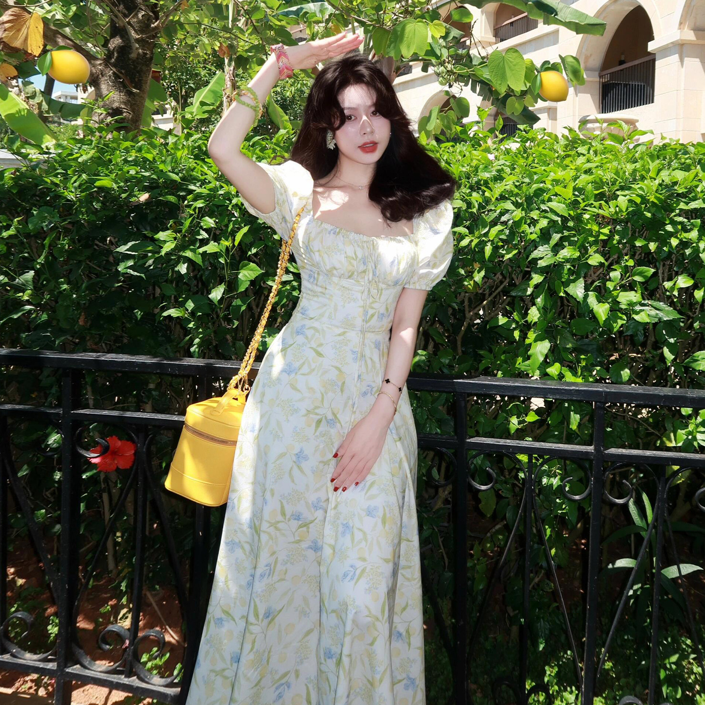 法式碎花泡泡袖连衣裙子女海边度假显瘦气质收腰长裙5106