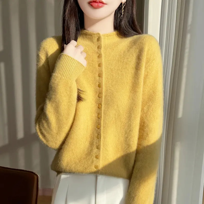 100%纯羊毛开衫女排扣毛衣针织衫羊毛衫冬季新款重磅加厚保暖圆领