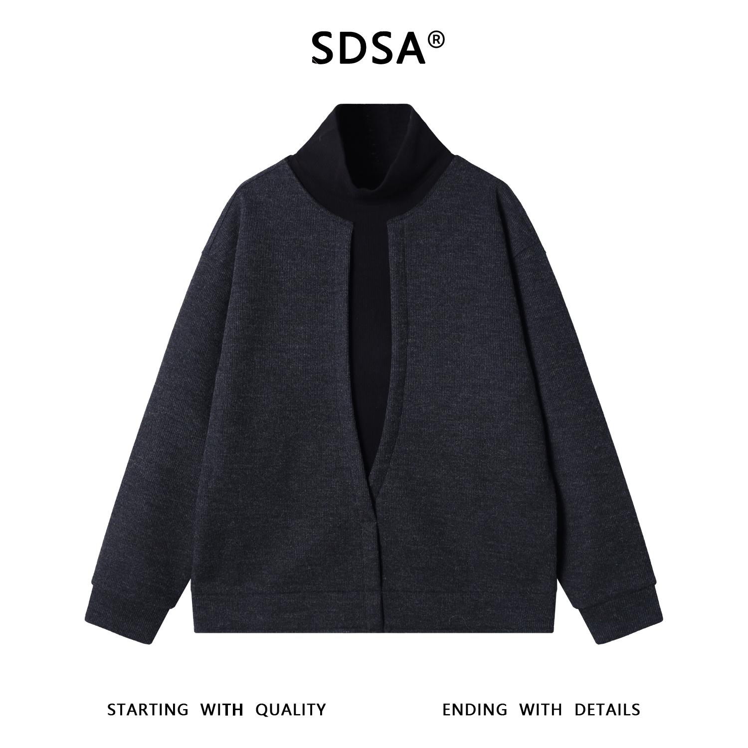 SDSA秋冬新款痞帅男装潮牌简约假两件立领卫衣百搭时尚套头上衣