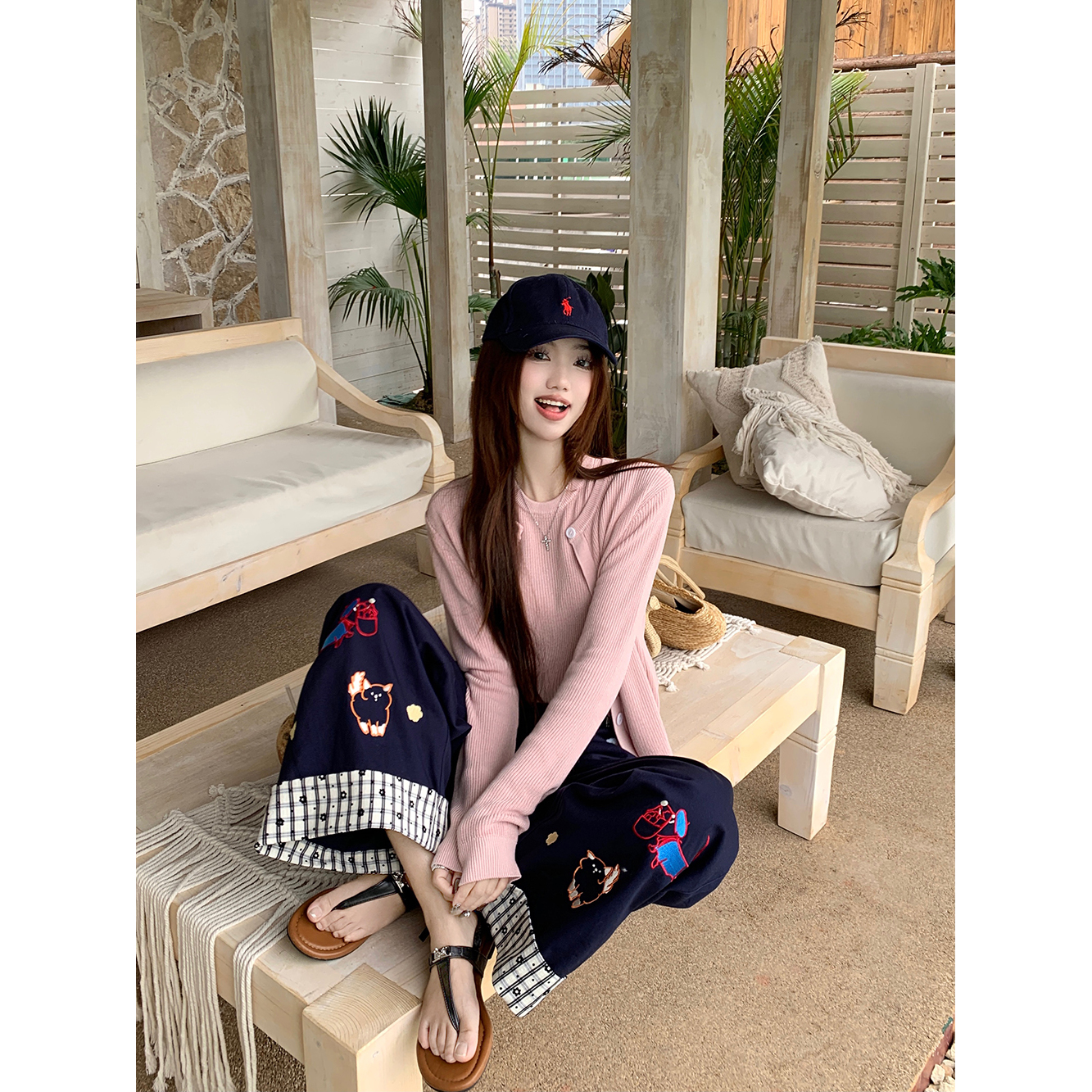 立剪绣花直筒刺绣拼接棉拼贴裤春夏两穿针织背心开衫时尚套装