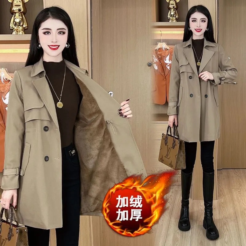 薄款加绒加厚风衣外套女秋冬新款时尚收腰中长款显瘦保暖气质大衣