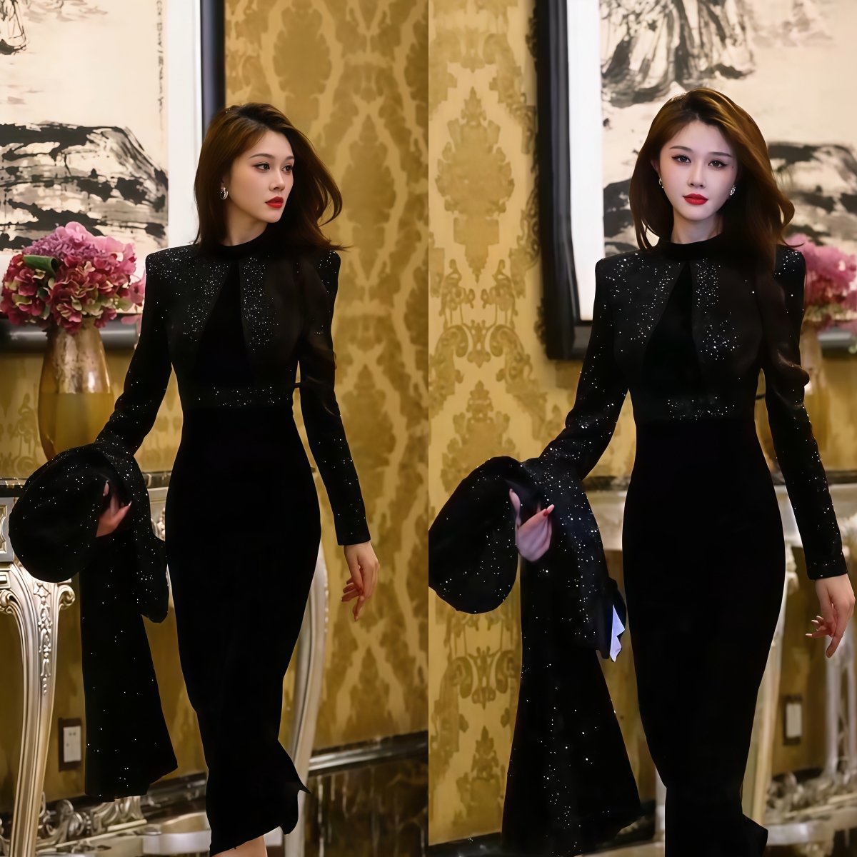 2025显瘦拼接复古长袖连衣裙时尚黑色轻奢连衣裙FJ120103