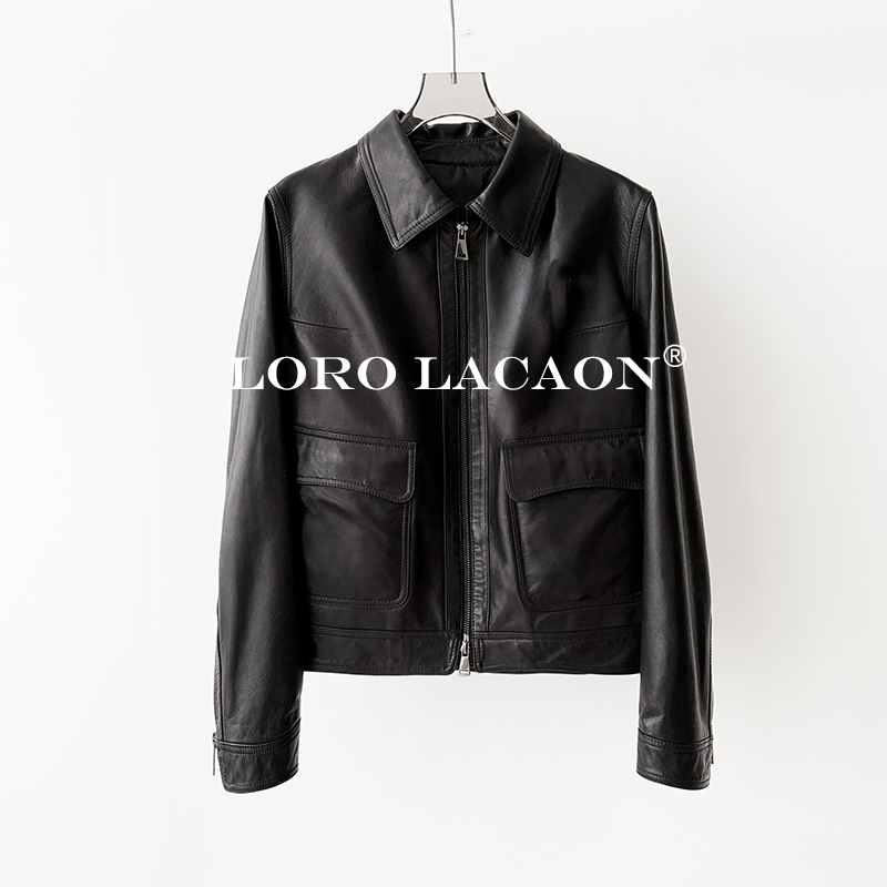 以赛亚 黑珍珠 秋冬复古老钱风短款方领山羊皮真皮双拉链皮衣2599