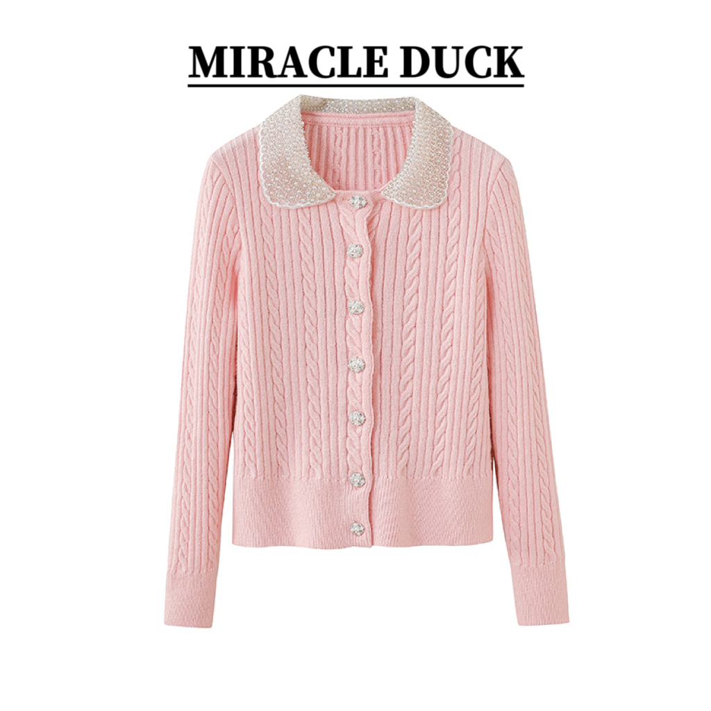 【】秋冬长袖重工钉珠毛衣翻领保暖女修身型开衫针织毛衣C1774