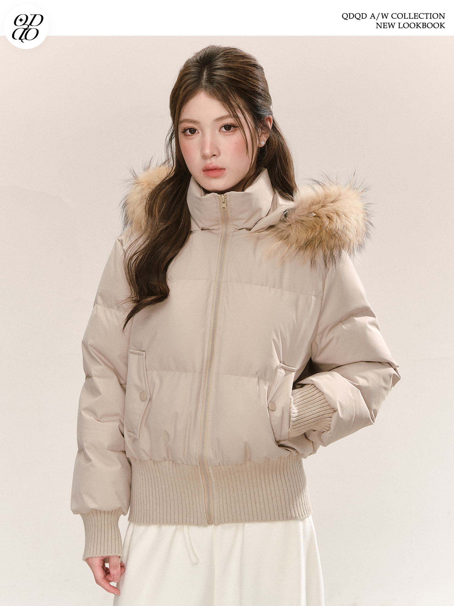 QDQD 温柔风貂毛领连帽羽绒服冬季加厚保暖90白鸭绒面包服外套女