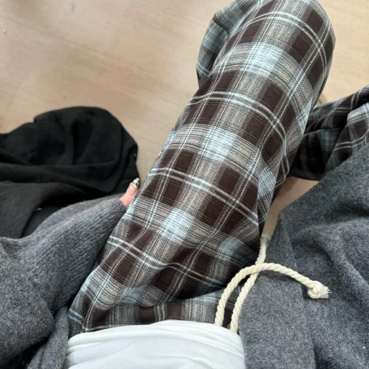 【口袋款加绒格子裤】美式松紧设计高腰阔腿休闲宽松显瘦加绒格子裤
