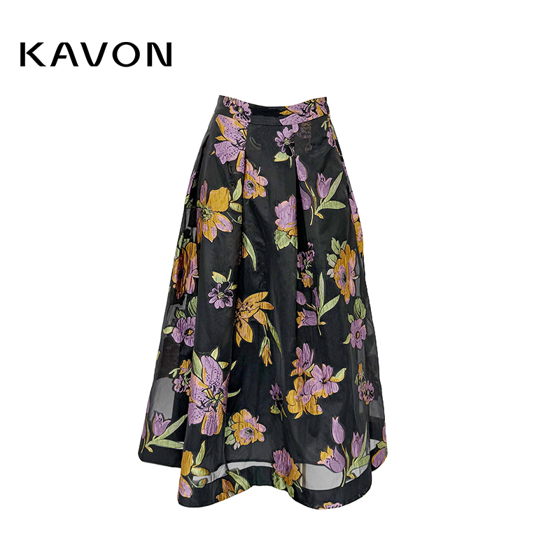 高腰花色A字裙常规款拉链半身裙中长款国风KN3A706HE