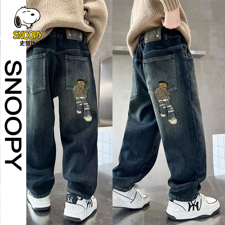 ZB史努比男童牛仔裤童装松紧腰百搭长裤中大童秋季软牛仔直筒裤