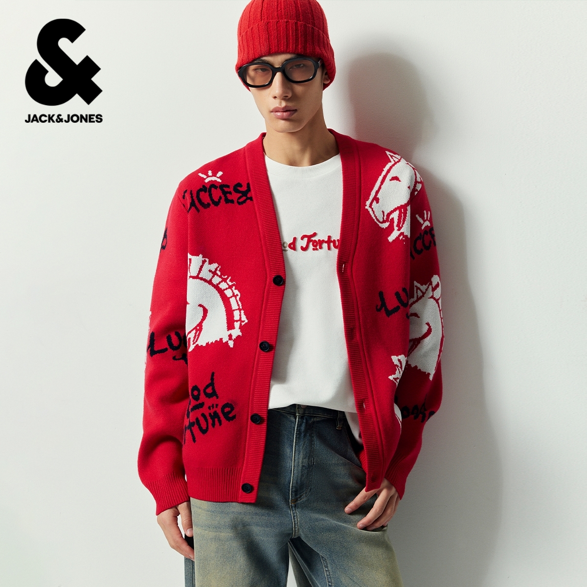 【马年生肖系列】杰克琼斯男士V领毛衣开衫针织衫新年款雪尼尔提花