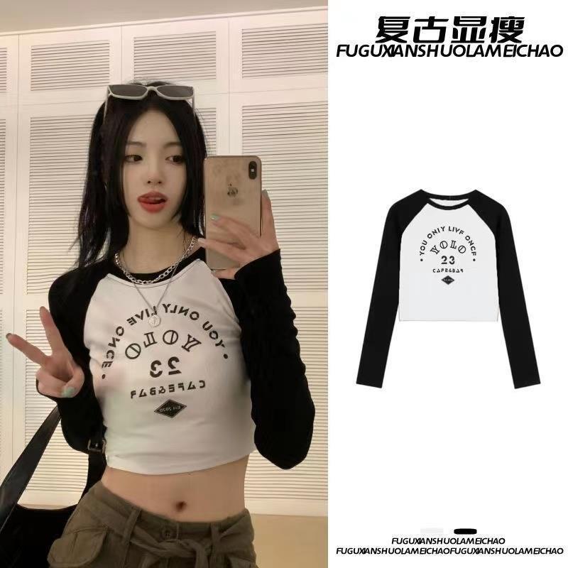 爆款痞帅辣妹美式印花长袖T恤秋季字母插肩袖修身打底衫上衣女装
