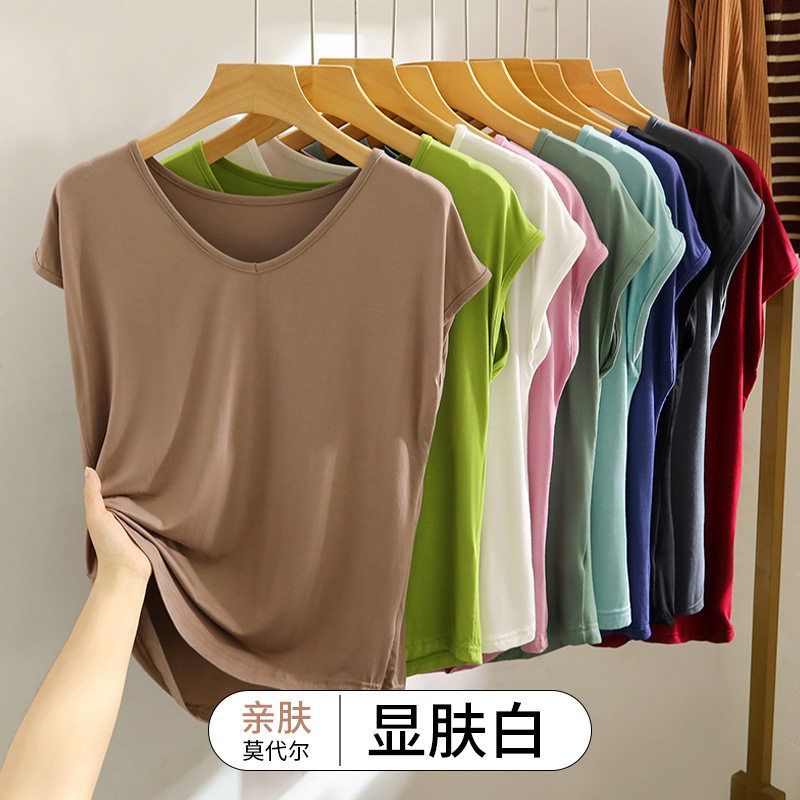 莫代尔V领百搭无袖上衣女夏季薄款外穿宽松显瘦T恤大码纯色打底