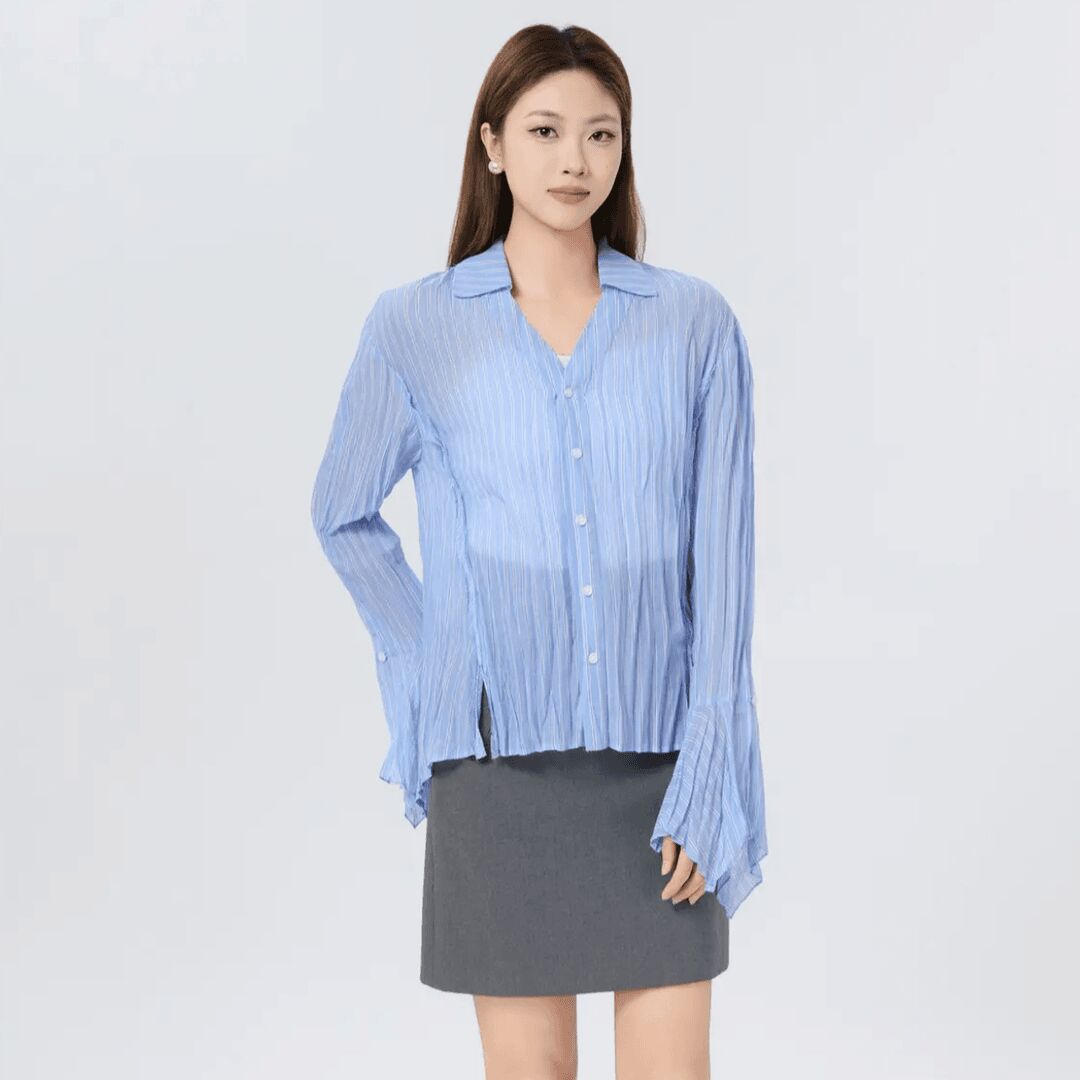 AMASS/阿玛施海报款褶皱花边长袖领子毛边设计款条纹衬衫女530026