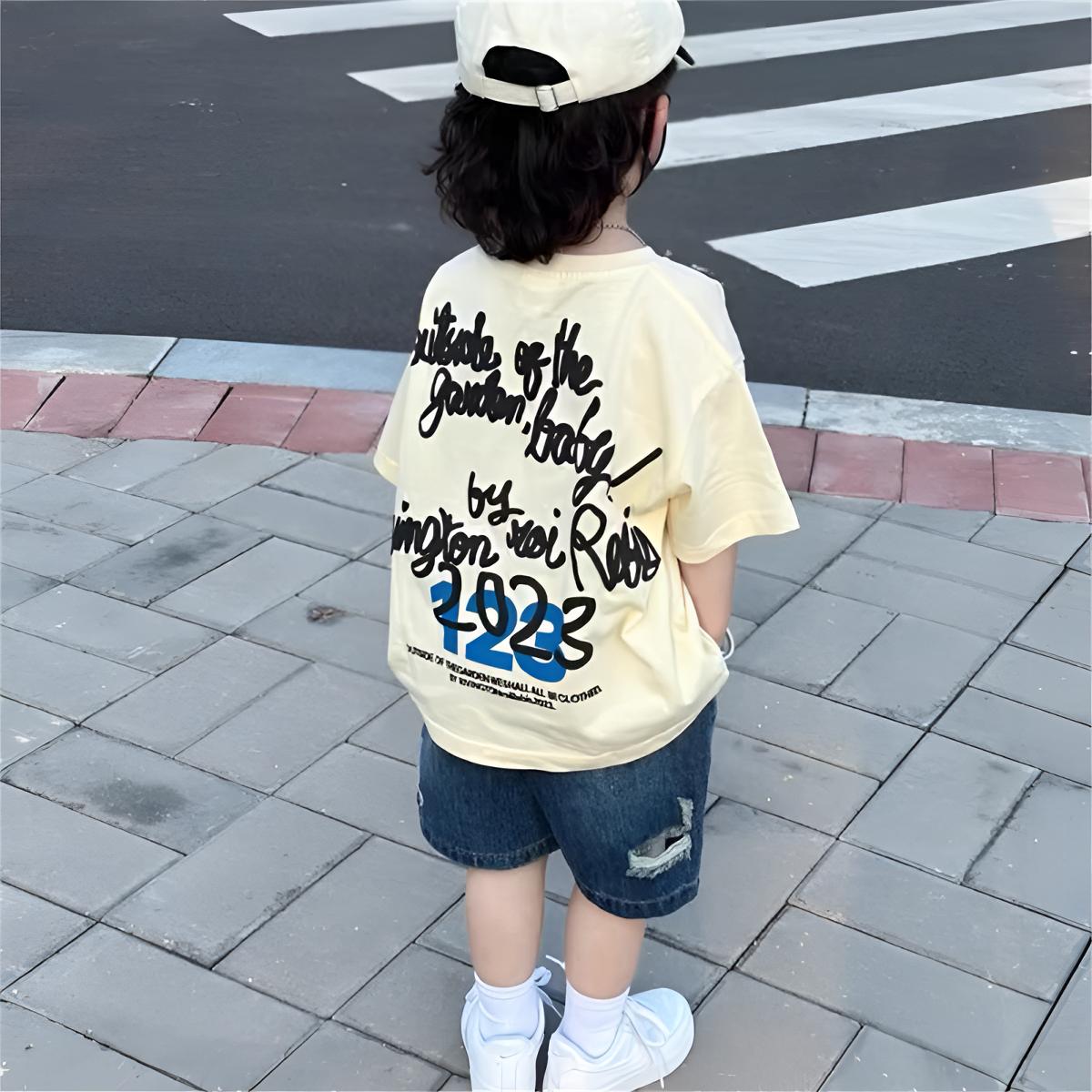 百搭短袖卡通风印花男女通用男T恤女童夏季洋气休闲运动小童宽松