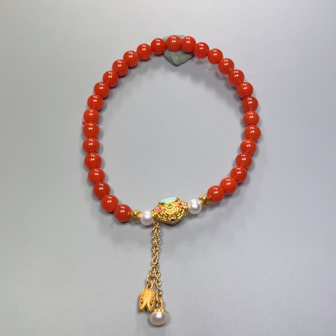 南红玛瑙DIY 手串银S925镀金镶嵌