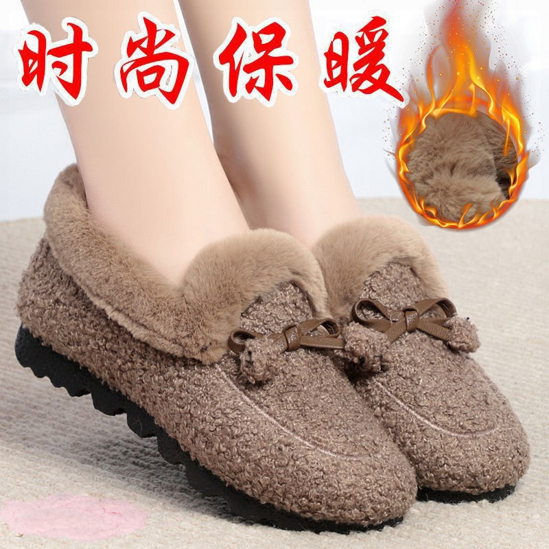 时尚百搭防滑圆头加绒加厚保暖外穿女豆豆鞋 韩版平跟软底冬季浅