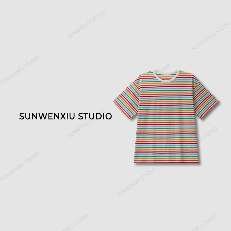 swx studio3店 “彩虹T恤”夏日清新撞色彩色条纹休闲宽松短袖